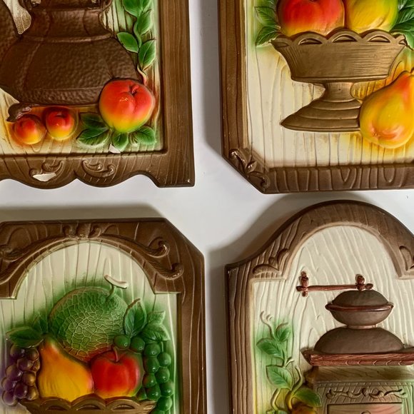 4 VTG Chalkware Fruit Coffee Grinder Japan Kitchen Plaques Retro Cottage - Picture 14 of 14